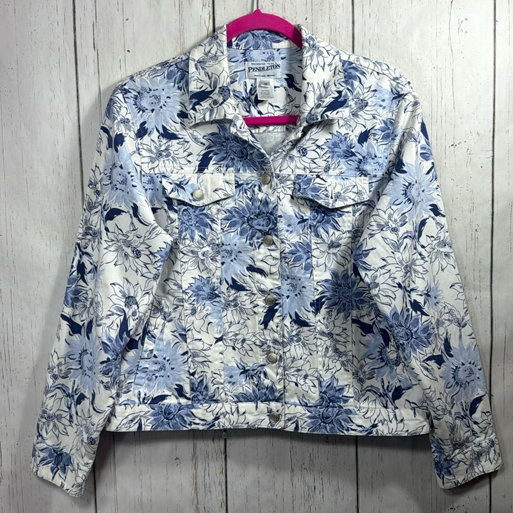 Pendleton Blue White Floral Print Denim Jacket M Cotton Stretch Preppy Coastal
